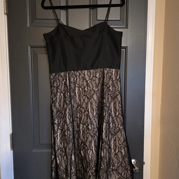 Ann Taylor Black Bodice with Nude Lace Overlay Fit-and-Flare Dress - Picture 2 of 6